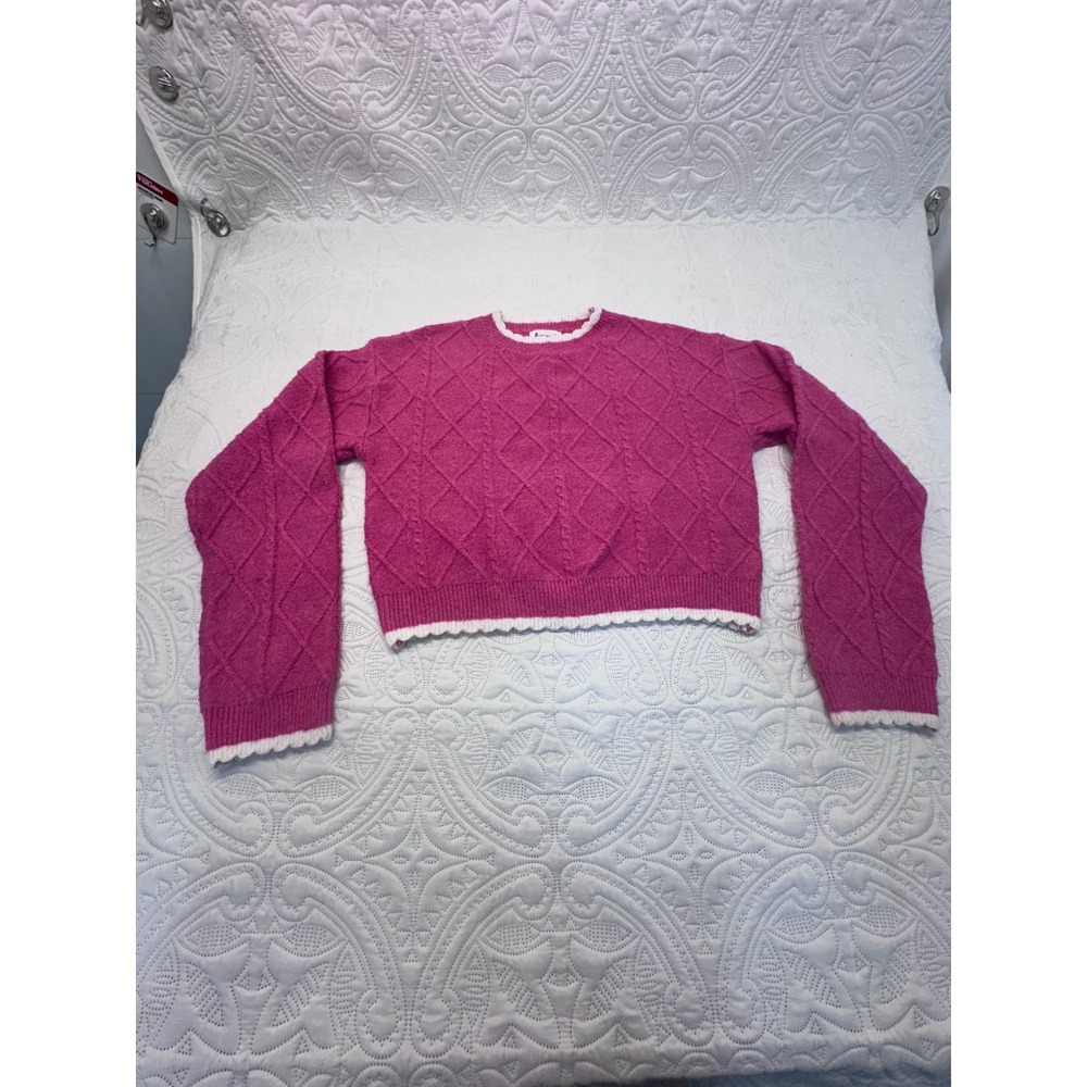 &merci Magenta Pink cottagecore Cropped Cable Knit Scallop Trim Sweater Small